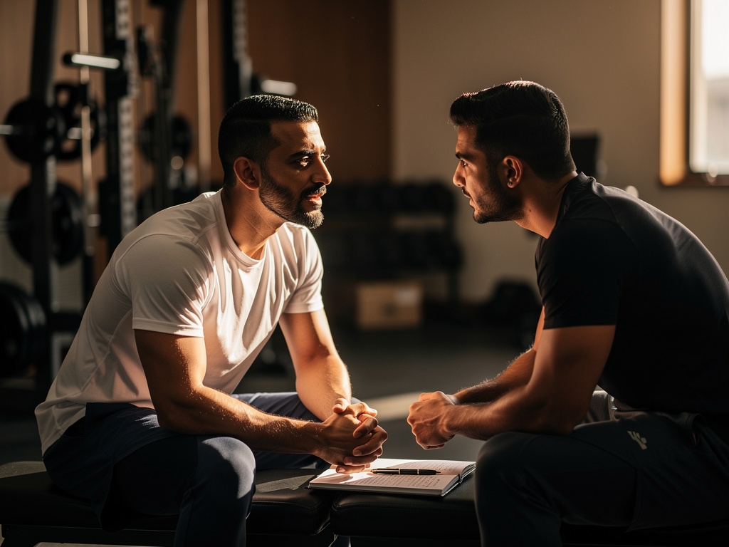 Fitness coach in a calm focused conversation with a client reviewing training principles and goals
