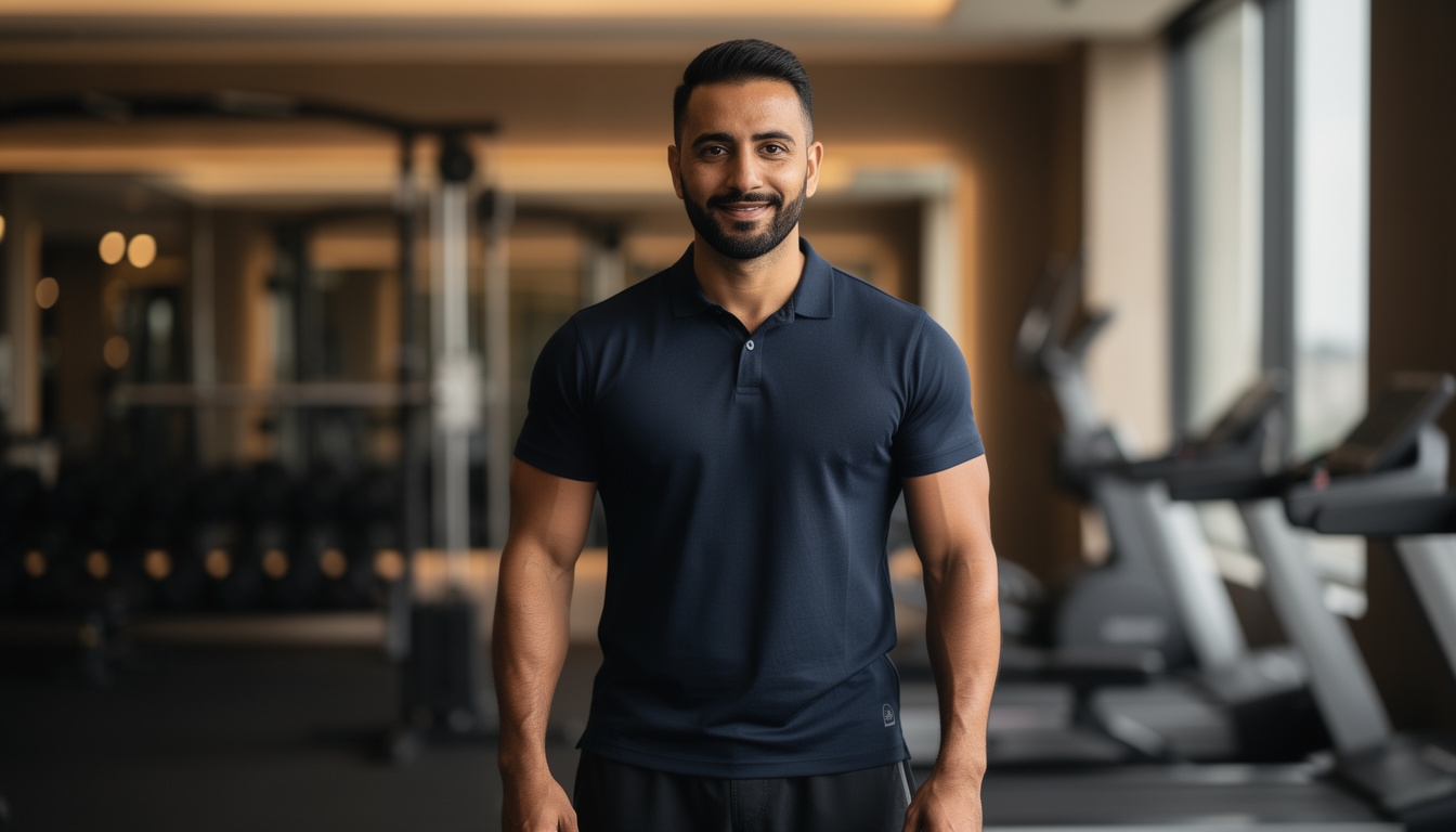 Lead fitness coach at Lucoum, a focused and approachable professional in their 30s in a gym setting