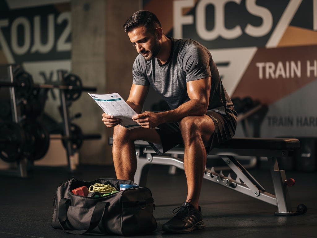 Athlete preparing for a structured training block with a coach in a clean modern gym environment